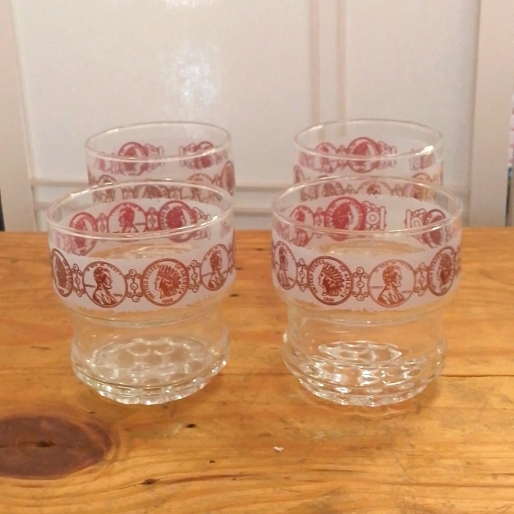 Set of 4 Vintage Libby Bar Glasses Copper Penny Design